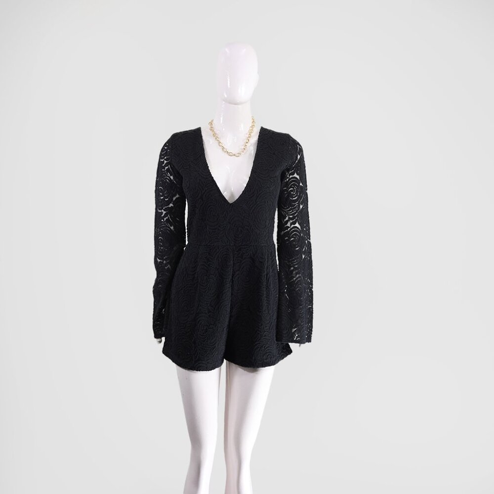 Stylish Motel Black Lace Romper V-Neck & Flare Sleeves
